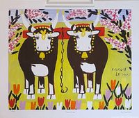 Full view of the lithograph titled 'Two Cows' by Maud Lewis showing two stylized cows against a floral and yellow background, signed by artist.