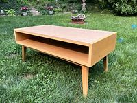 Front and side view of rectangular mid century coffee table in grass setting