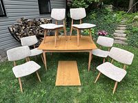 Full view of table with six chairs and leaf displayed on ground