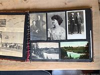 Interior page with three black & white portrait photographs and two landscape postcards.