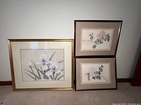 Three framed floral paintings including two smaller peach blossom paintings and one larger iris painting, all signed by the same artist.