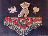 Four beadwork pieces shown on dark background: Victorian needle point floral beadwork shelf valance, Native American bird beadwork, small boot beadwork, and small pillow beadwork.