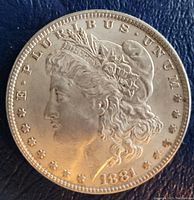 Obverse side of 1881 Morgan silver dollar showing Liberty's profile with date 1881 and inscriptions.