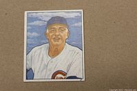 Front of the 1950 Bowman Frank Frisch baseball card showing an illustrated portrait in Chicago Cubs attire against a blue sky.