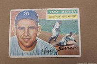 Front of vintage 1956 Topps Yogi Berra baseball card showing player portrait and team info