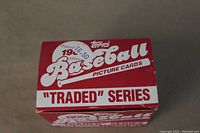 Close-up photo of the top of the box showing the 'Topps Baseball "Traded" Series' text with original price stickers partially visible.