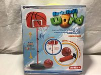 Front view of basketball stand kit box showing product images and features.