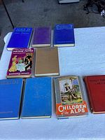 All ten books laid out on fabric surface including titles by Spyri, Sidney, Carroll, Borton, and Shirley Temple.