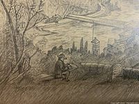 Photo of pencil drawing showing man sketching by stone wall, water, buildings and trees