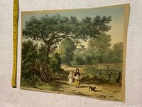 Full view of the vintage color print with measuring tape showing size, the print depicts children, dog, tree, and fence in a rural landscape.