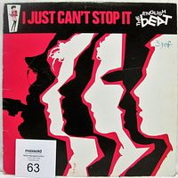 Front cover of The English Beat I Just Can't Stop It vinyl LP album showing colorful stylized human profiles in red, white, and black with album and band name text. Shows wear with some writing and creases on corners.