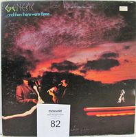Front cover of Genesis And Then There Were Three vinyl LP record showing colorful cover art with sunset sky and figures, label and title visible.