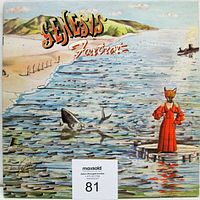 Front cover of the Genesis Fox Trot vinyl LP showing colorful surreal art with figure in red fox mask dress at the shore.