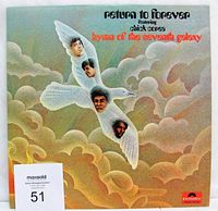 Front cover of vinyl LP record Hymn of the Seventh Galaxy by Return to Forever featuring stylized bird with band members' faces flying through a cloudy sky, showing Polydor logo.