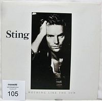 Front cover of the vinyl album Nothing Like The Sun by Sting in a white cover featuring a black and white photo of Sting.