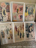 Lot image showing all six vintage 1928 La Presse newsprint fashion ads from Montreal, each featuring women’s clothing.