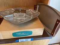 Full lot showing the glass multi-dish server, metal handled lid, and original Milbern box.