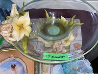 Cevic 15-inch diameter glass bowl with sculpted flower petals and a cherub figurine attached to edge.
