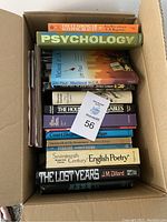 Overhead view of the box containing various older books stacked vertically and horizontally, showing titles including Psychology, The Claiming of Sleeping Beauty, Medieval in LA, English Poetry, and more.