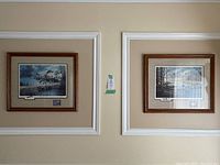 Two framed prints hanging on a wall, each with wooden frames and white mats showing nature bird scenes.