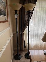 Pair of matching floor lamps standing side-by-side showing overall design and height.