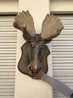 Front view of large moose head sculpture mounted on wall plaque
