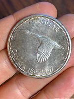 Photo of front side of the coin showing flying goose and inscriptions.