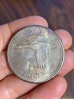 Obverse side of the 1967 Canadian silver dollar featuring a flying goose and inscription 'DOLLAR CANADA 1867-1967'. Coin shows tarnish and wear.