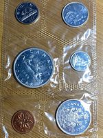 Top view of the set showing multiple coins in their protective plastic packaging with visible details of year 1966 and Canadian motifs.