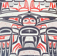 Close-up of print showing red and black totemic design