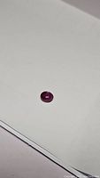 Oval cabochon red star ruby gemstone placed on white background showing full shape and color.