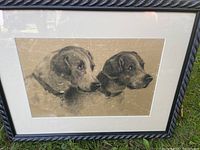 Full view of the framed dog drawing showing two dogs side by side.