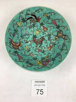 Top-down view of teal enamel porcelain bowl with colorful hand-painted flowers and butterflies in intricate vine pattern.