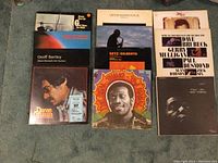 Photo showing 9 blues and jazz LP vinyl record albums arranged on carpet. Visible artists include Geoff Bartley, Kenny Burrell, Dave Grusin, Grover Washington Jr., Stan Getz, Gerry Mulligan, Taj Mahal, Charlie Parker.