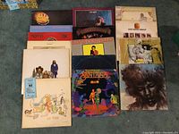 Overall view of the vinyl LP collection laid out on carpet showing album covers of well-known rock and pop artists