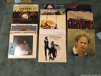 Top view showing arranged LP records from various soft rock and pop artists including Gordon Lightfoot and Fleetwood Mac.