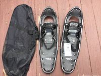 Photo showing the pair of Thunder Bay snowshoes lying side by side with the black carry bag, displaying overall condition and size.