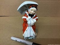 Front view of the Royal Doulton Miss Muffet figurine showing the girl holding an umbrella and rabbit, with a marker for size reference.