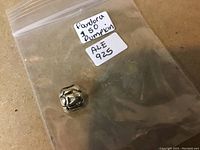 Image of a small sterling silver pumpkin-shaped charm along with handwritten labels indicating 'Pandora $50 pumpkin' and 'ALE 925' in a plastic bag.