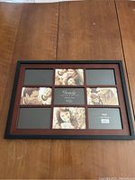 Photo collage frame with nine 4x6 slots, black outer edge and wood-tone interior, holding sample pictures