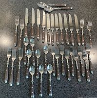 Complete set of 37 Supreme stainless steel flatware pieces with black Bakelite handles, laid out on a black surface.