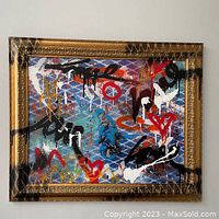 Frontal view of the framed mixed media painting on a white wall showing full composition and frame condition