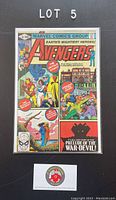 Photo of vintage Avengers comic book issue #196 with clear cover art and protective bag and board.