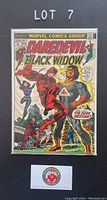 Front cover of a vintage Daredevil Comic Book issue #97 (1973) featuring Daredevil and Black Widow fighting 'The Dark Russian'.