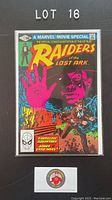 Photo of the front cover of the 'Raiders of the Lost Ark' Marvel Movie Special comic book bagged and boarded.