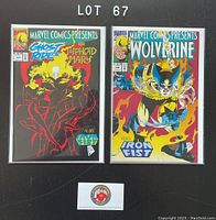 Photo of Marvel Comics Presents issues #127 and #128 in protective bags, showing cover artwork of Ghost Rider and Wolverine respectively, alongside Iron Fist mentions.