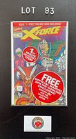 Front view of polybagged X-Force #1 comic book sealed with stickers and backing board