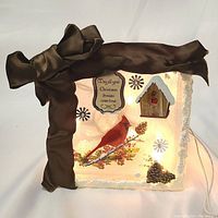 Front view of illuminated Christmas glass block showing cardinal bird, birdhouse, and brown ribbon tied in bow.