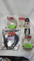 Lot overview showing all items including iCAN branded VGA extension cables and Apple vintage mouse in packaging and smaller power cords.