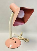 Full view of adjustable desk lamp with curved flexible neck, pink rounded metal base with switch, and pink metal shade with bulb visible